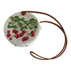 Handwoven Round Rattan Bag with Painted Strawberries – Boho Crossbody Purse NEW